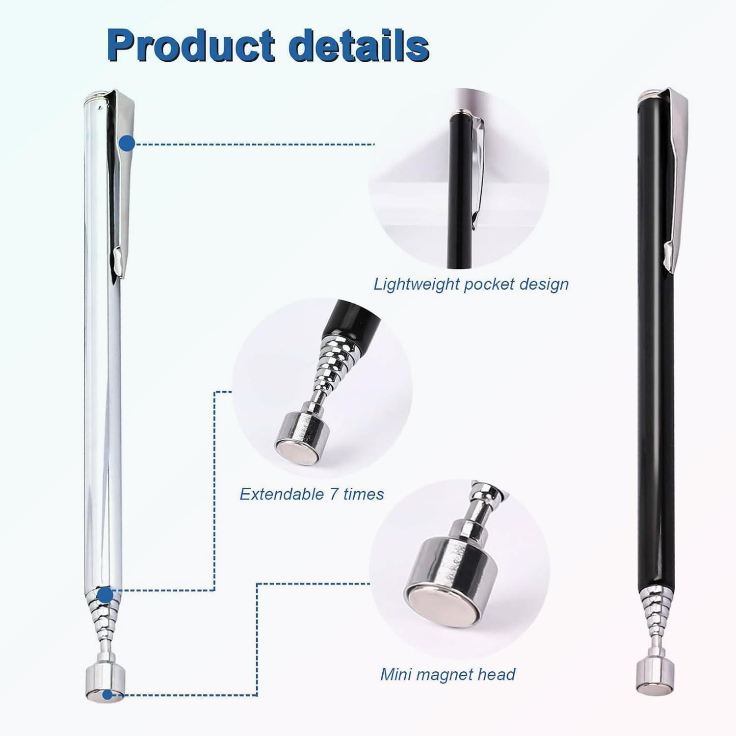 WUBAYI 2 herramientas telescópicas de recogida magnética, palo magnético y bolígrafo de recuperación, se extiende hasta 64 cm con fuerza de 1.5 libras, negro + plateado con clip de bolsillo (agarrador