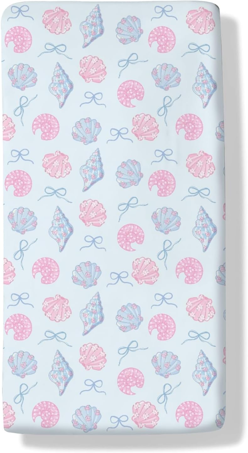 Pink Blue Coastal Ocean Baby Boys Girls Crib Sheets Summer Starfish Seashells Bows Beach Baby Sheet Sea Ocean Fitted Crib Mattress Cover for Standard Crib & Toddler Bed Mattress 28"x52"