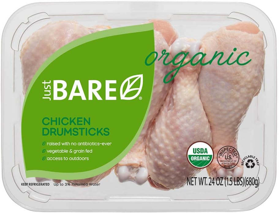 Just BareUSDA Organic Fresh Chicken Drumsticks | No Antibiotics Ever | Bone-In | 1.5 LB
