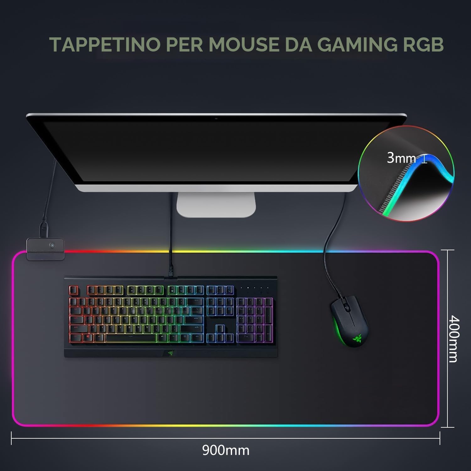 Realky Tappetino Mouse Gaming XXL, 900 * 400mm Tappetino Mouse RGB, Impermeabile e Antiscivolo Mousepad, Adatto per Desktop di Computer, Desktop da Gioco, desktop dell'ufficio, 14 Modalità Luce