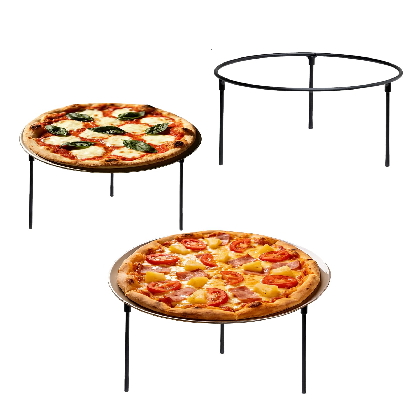 Set of 3 Black Metal Pizza Riser Stands - 8x8x4 Inch Round Pizza Tray Rack, Stackable Wire Display Stands for Buffet, Restaurant, Party & Home Use
