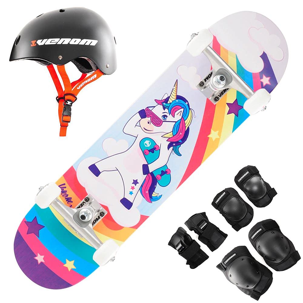 Venom Skateboards Kids Unicorn 7.25" Complete Skateboard Set with Helmet & Pads