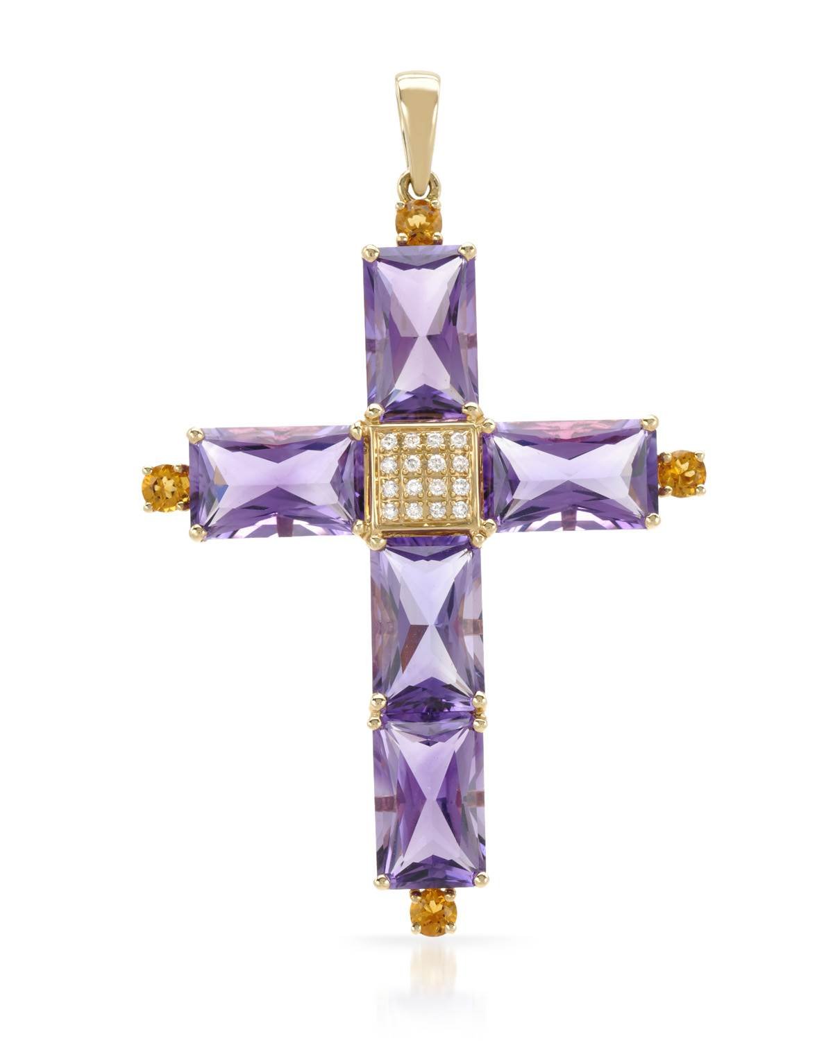 14K Yellow Gold 13.00 CTW Amethyst and 0.40 CTW Citrine Cross Women Pendant. Length 55 mm. Total Item weight 7.3 g.