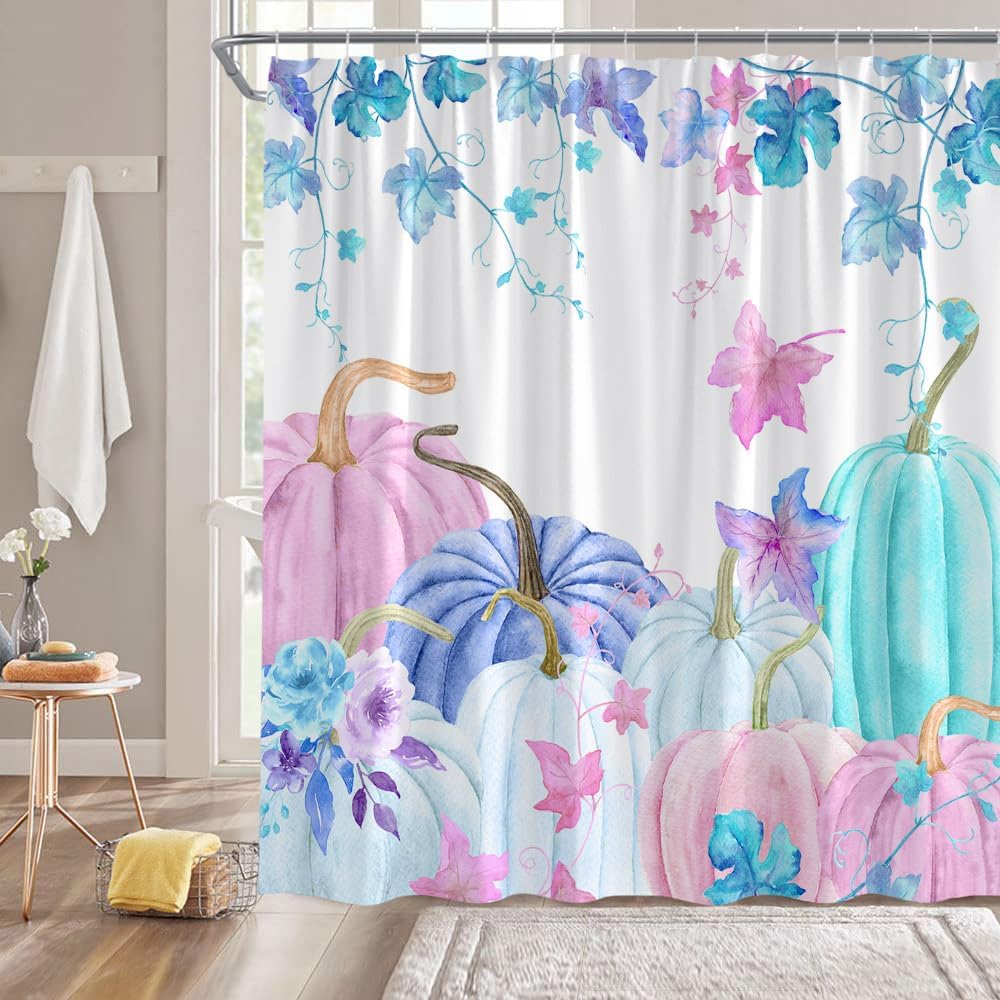 Fall Pumpkin Extra Long Shower Curtain, Watercolor Pumpkin with Leaves Harves Thanksgiving Colorful Autumn Rustic Farmhouse Holiday Blue Purple Bathroom Home Curtain Decor with Hooks,70"Wx84"H