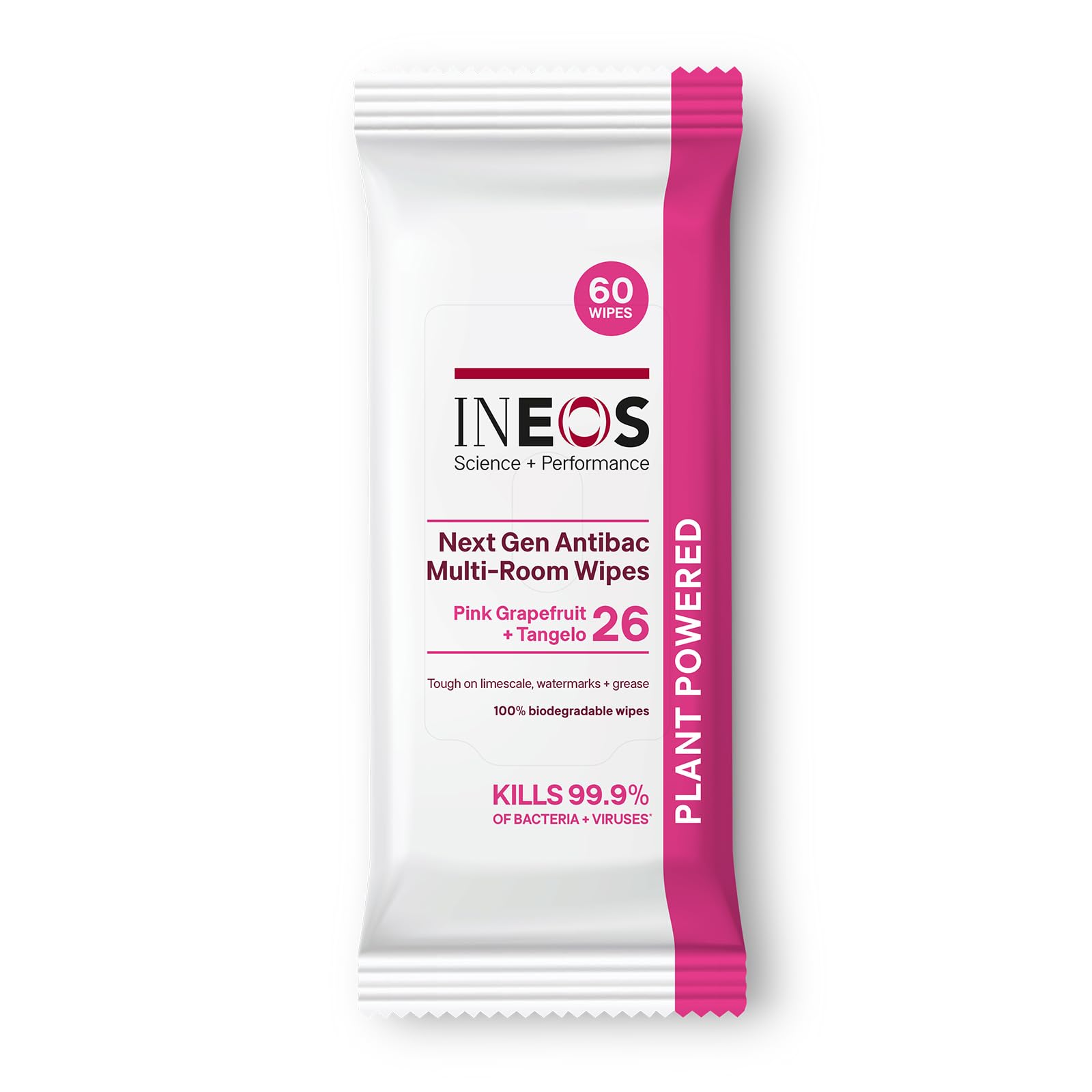 INEOS Next-Gen Antibac Multi-Room Disinfectant Biodegradable 60 Wipes, Pink Grapefruit + Tangelo, Kills 99.9% of Bacteria + Viruses, Plant Powered, Packaging May Vary