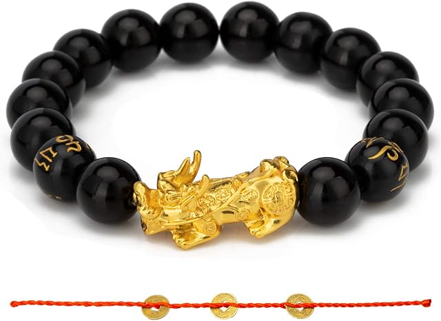 ZenBless Feng Shui Black Obsidian Bracelet Pixiu Bracelet for Women Men Pi Xiu Pi Yao Bracelet Sanskrit 12mm Beads Elasticity Sturdy Durable Attract Wealthy Amulet Gift Lots of Luck