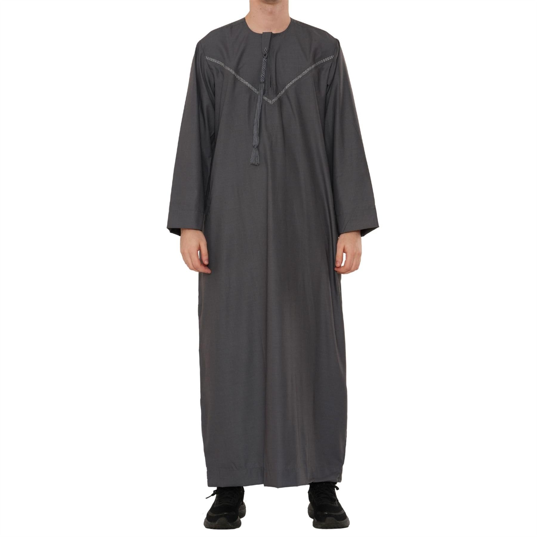 Thobez Men's Thobe Emirati Omani Zipped Jubba Islamic Clothing Embroidery Muslim Kaftan Eid Robe String Tassel - Grey 56