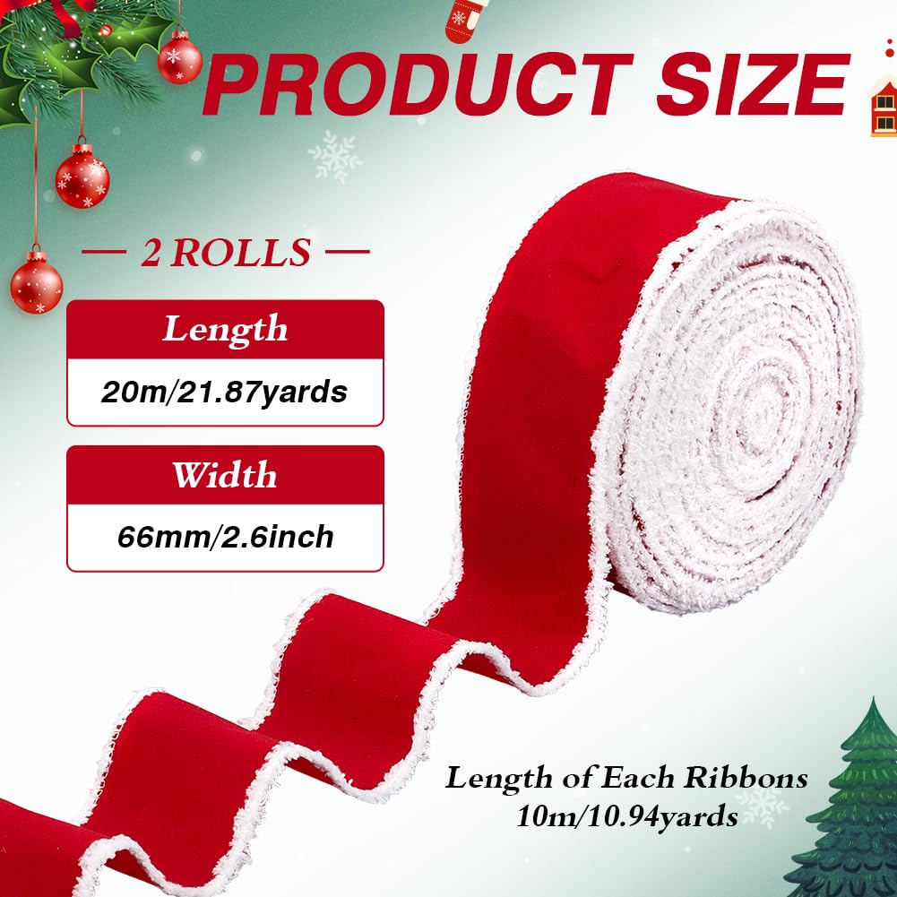 MAYJOYDIY 2 Rollen 20M Weihnachts Samt Dekorationsband 6.6cm Breites Rotes Samtband mit Draht und Weißer Schneeverwehungs Kante Weihnachtsbaum Rote Bänder für Große Schleifen Basteln Weihnachtskranz