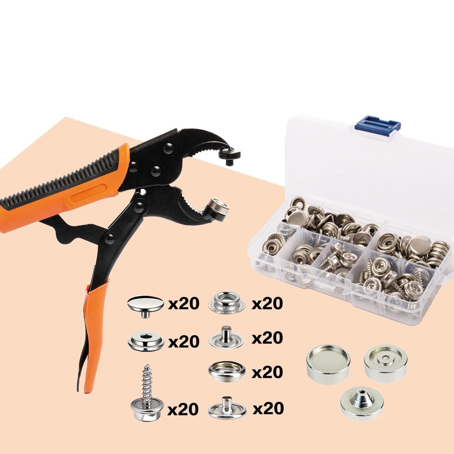 Set di bottoni automatici da 15 mm con pinza, 100 bottoni automatici in acciaio inox, pinze regolabili resistenti per jeans, pelle, teloni, tende, barche, tende da sole