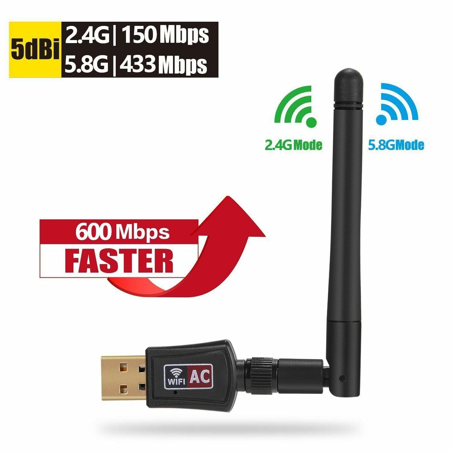 Adaptador de red WiFi USB inalámbrico AC600 Mbps de doble banda 2.4/5Ghz con antena 802.11