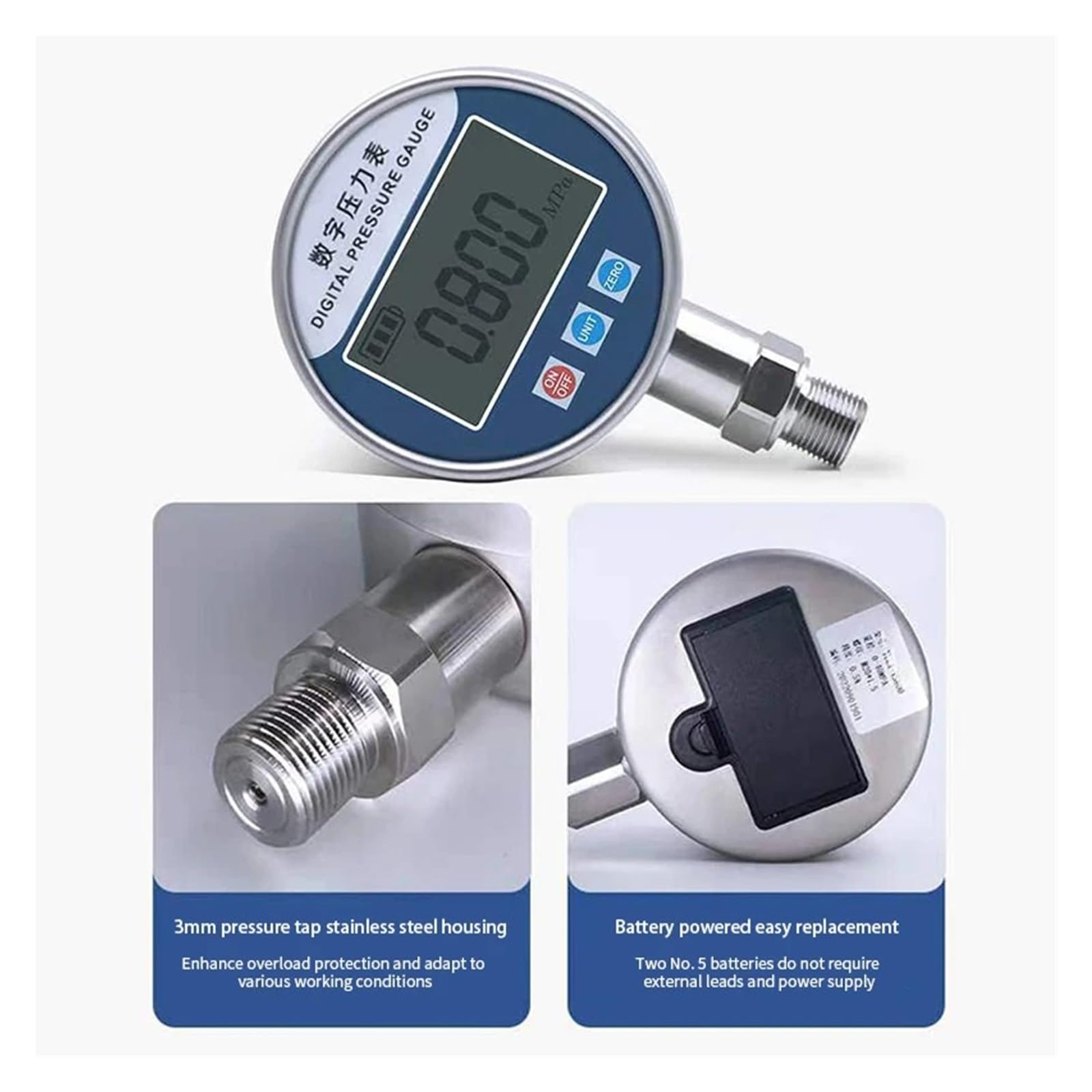 Ciśnieniomierz, Elektroniczny manometr 60mm Dial cyfrowy wyświetlacz LCD, hydrauliczny podciśnieniowy do pomiaru ciśnienia oleju wodnego(0-30Kpa)