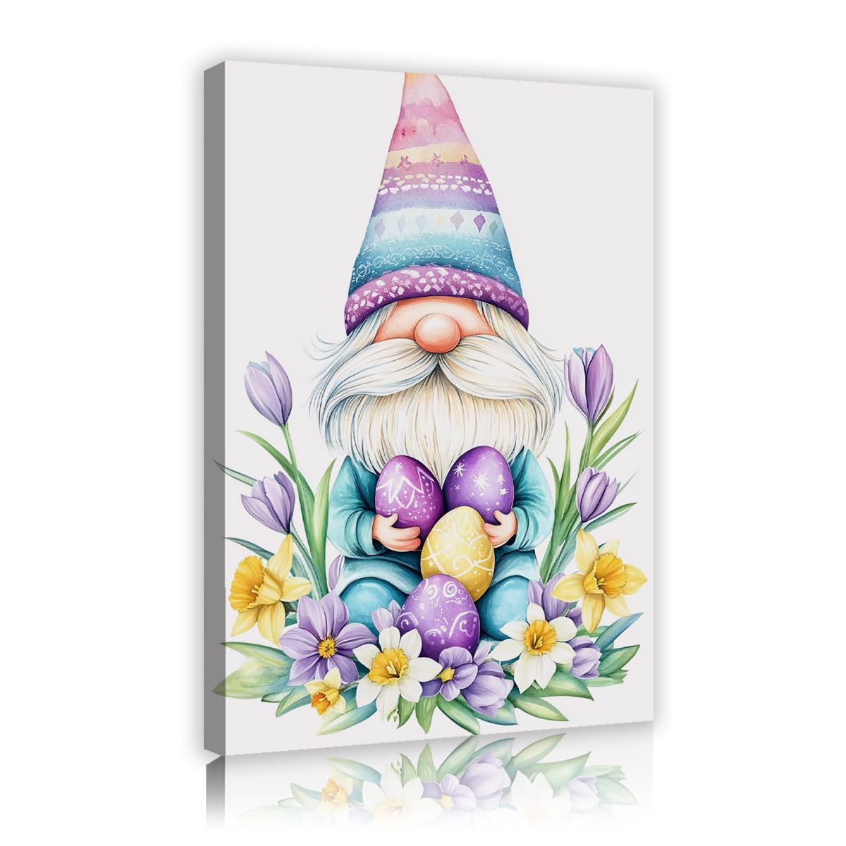 TOANGWALL Enanos vibrantes sosteniendo huevos Estampado en lienzo Flores moradas Imágenes Estampado Diseños pastel de sombrero Obras para biblioteca Salón Decoración del hogar 60x90cm