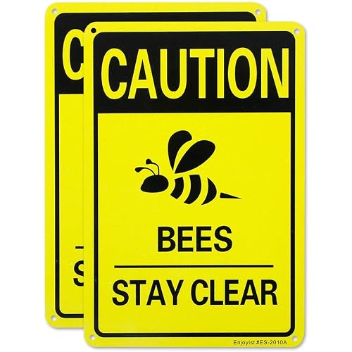2 Pack Caution Bees Stay Clear Sign, 10"x 7" .04" Aluminum Reflective Sign Rust Free Aluminum-UV Protected and Weatherproof
