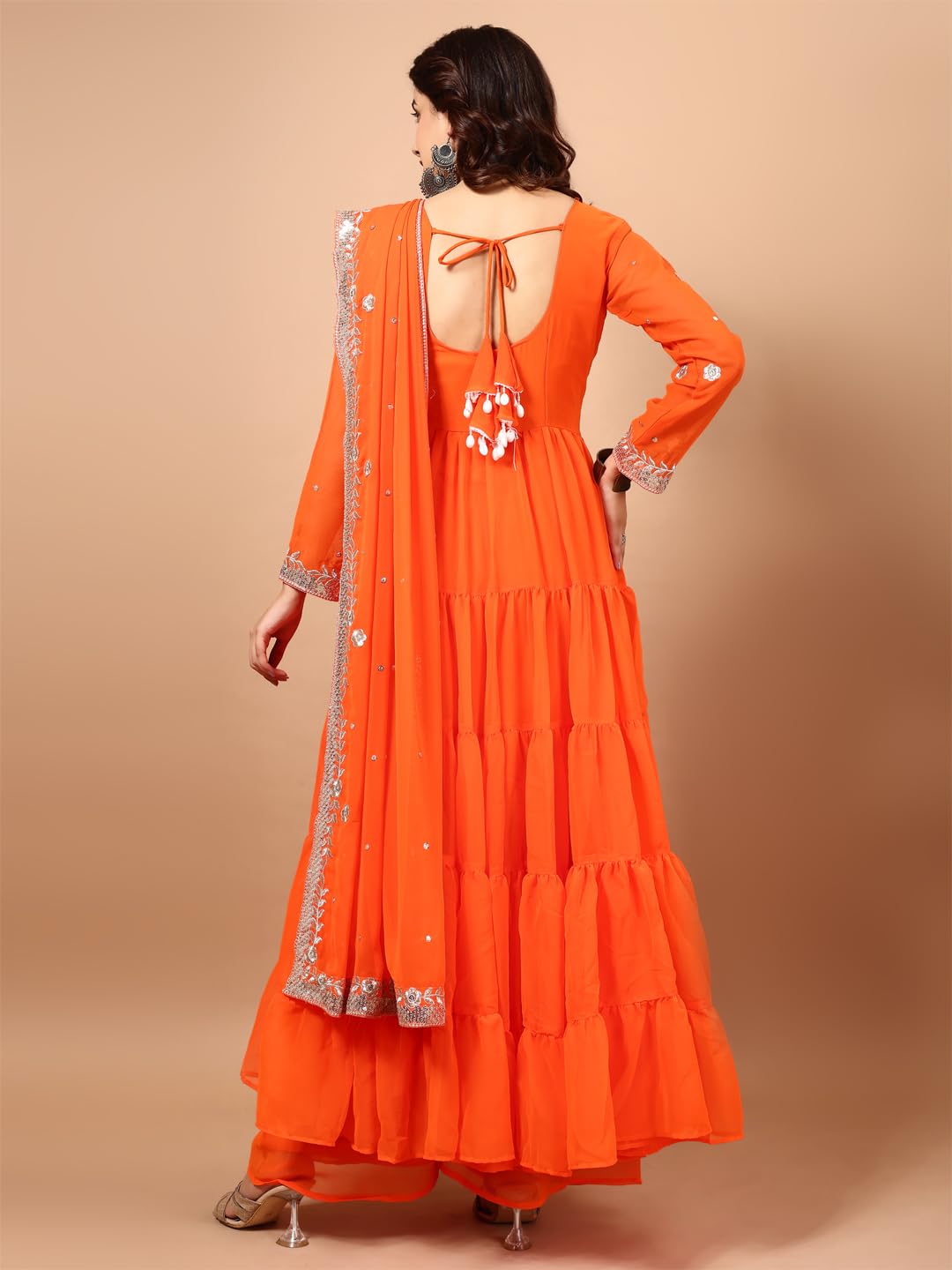 Fashion Basket Georgette Embroidered Anarkali Kurta For Womens (In, Alpha, 2Xl, Regular, Orange)