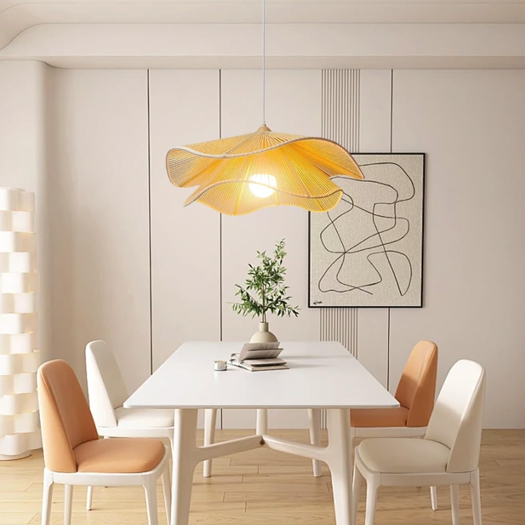 Lustre En Osier LED Suspension Tressé À La Main Lustre Rétro En Forme De Pétales Lampe Table À Manger Moderne Style Bohème Idéal Pour Salle À Manger Îlot De Cuisine Salon(Beige,40cm)
