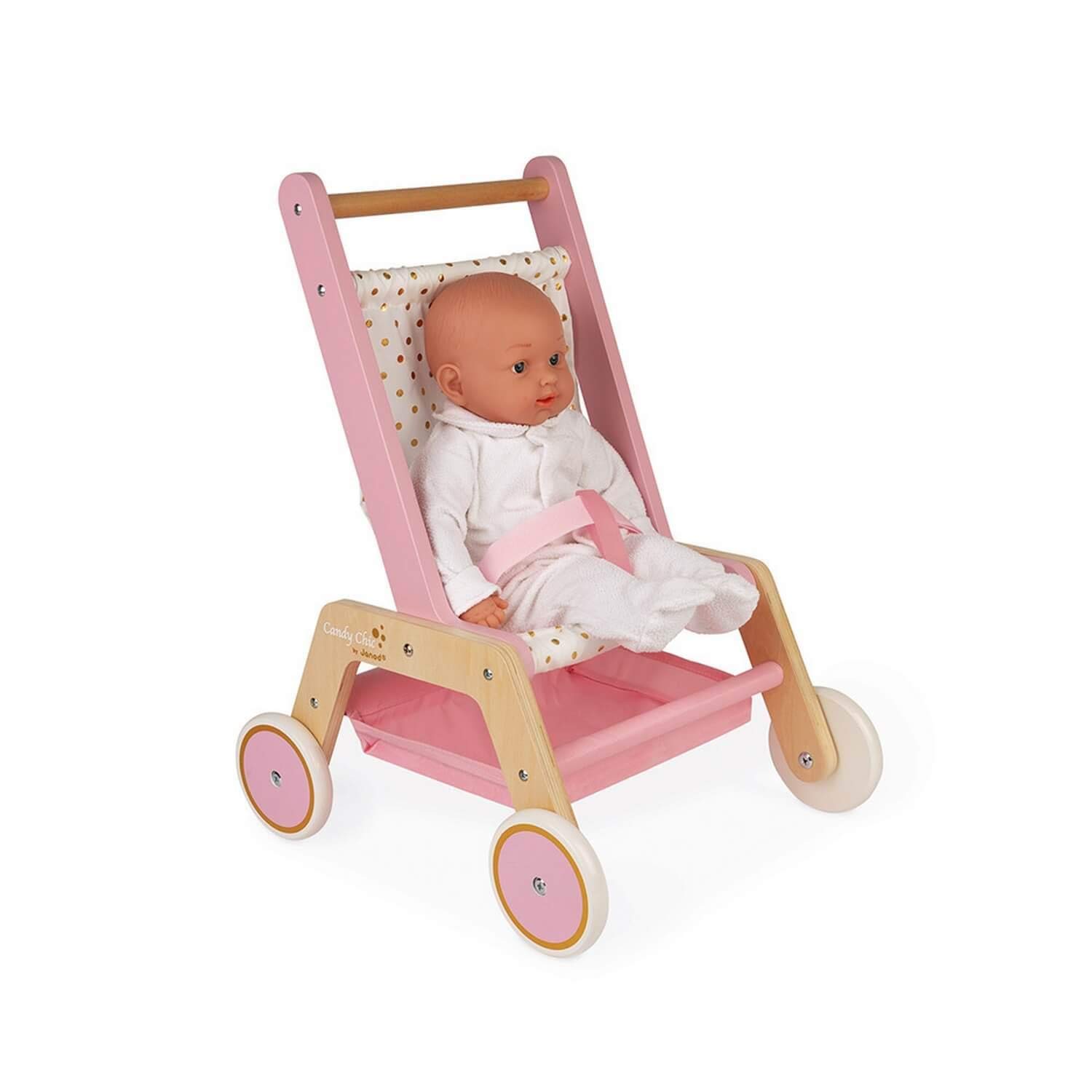 Janod - Candy Chic - Kinderwagen aus Holz für Puppen bis zu 42 cm - 3 Zubehörteile - Puppenzubehör - Ab 18 Monaten, J05890