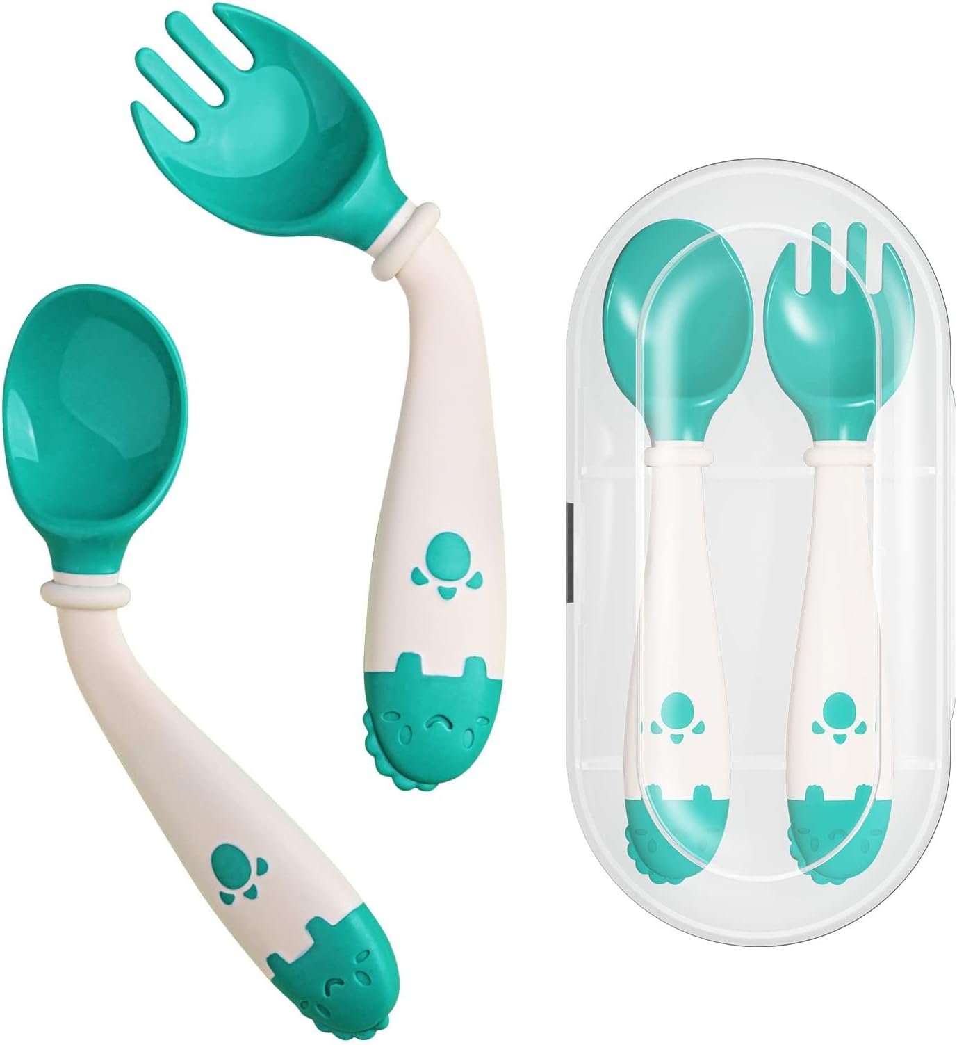 Deejoy Toddler Utensils, Self-feeding Flatware Set withTravel Case, Baby Spoons and Forks with Silicone Bendable Handle, Easy Grip Heat-Resistant, Ideal for Kids, Stage 2 Green