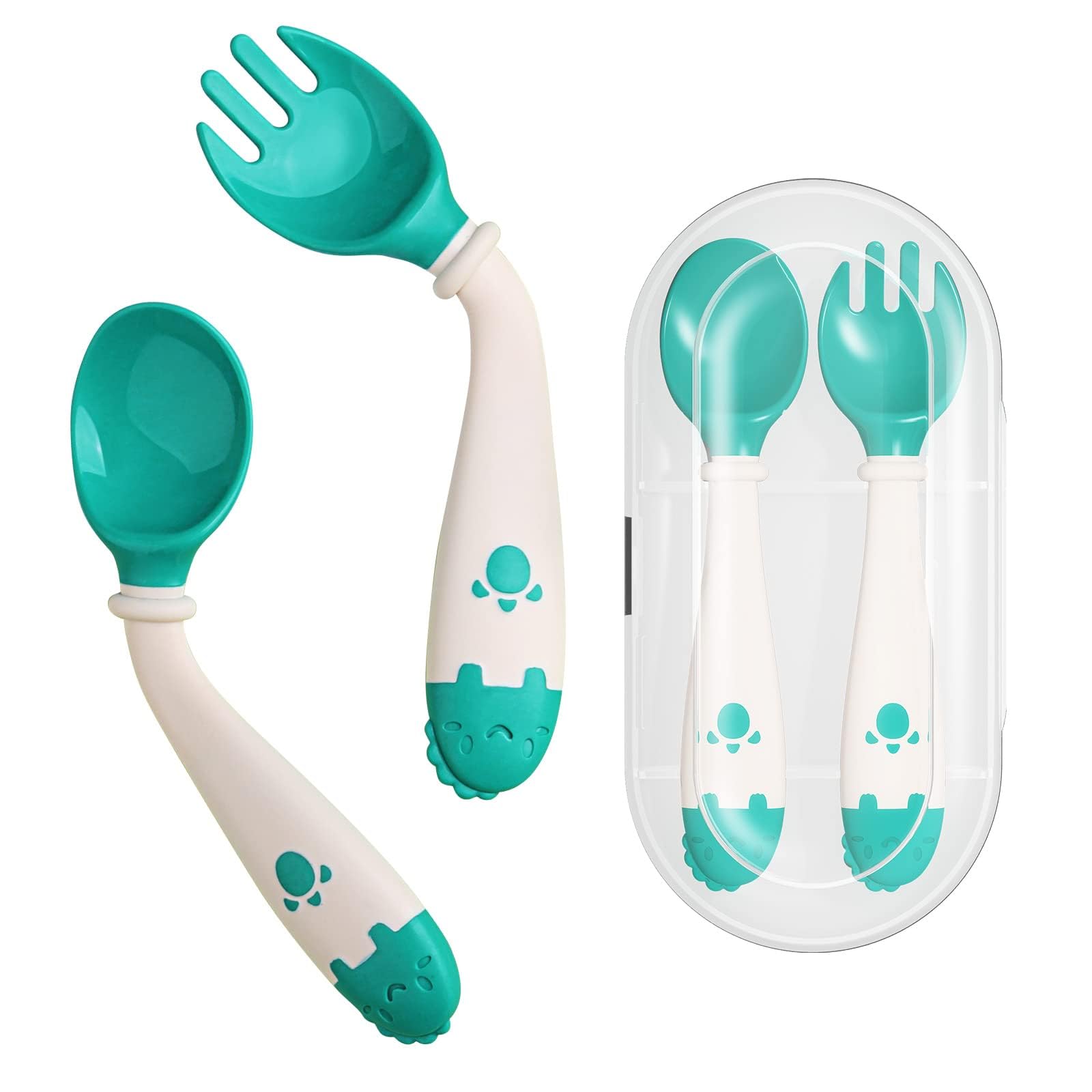 Toddler Utensils Self-feeding Flatware Set withTravel Case-Green | Baby Spoons and Forks with Silicone Bendable Handle, Easy Grip Heat-Resistant, Ideal for Kids, Stage 2