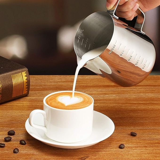MallArt® Paslanmaz Çelik Sütlük - Barista Süt Isıtıcı & Köpürtücü | Latte Art Pitcher | Küçük & Büyük Boy Seçenekli, Ocak Üstü Çelik Süt Potu (350 ml)
