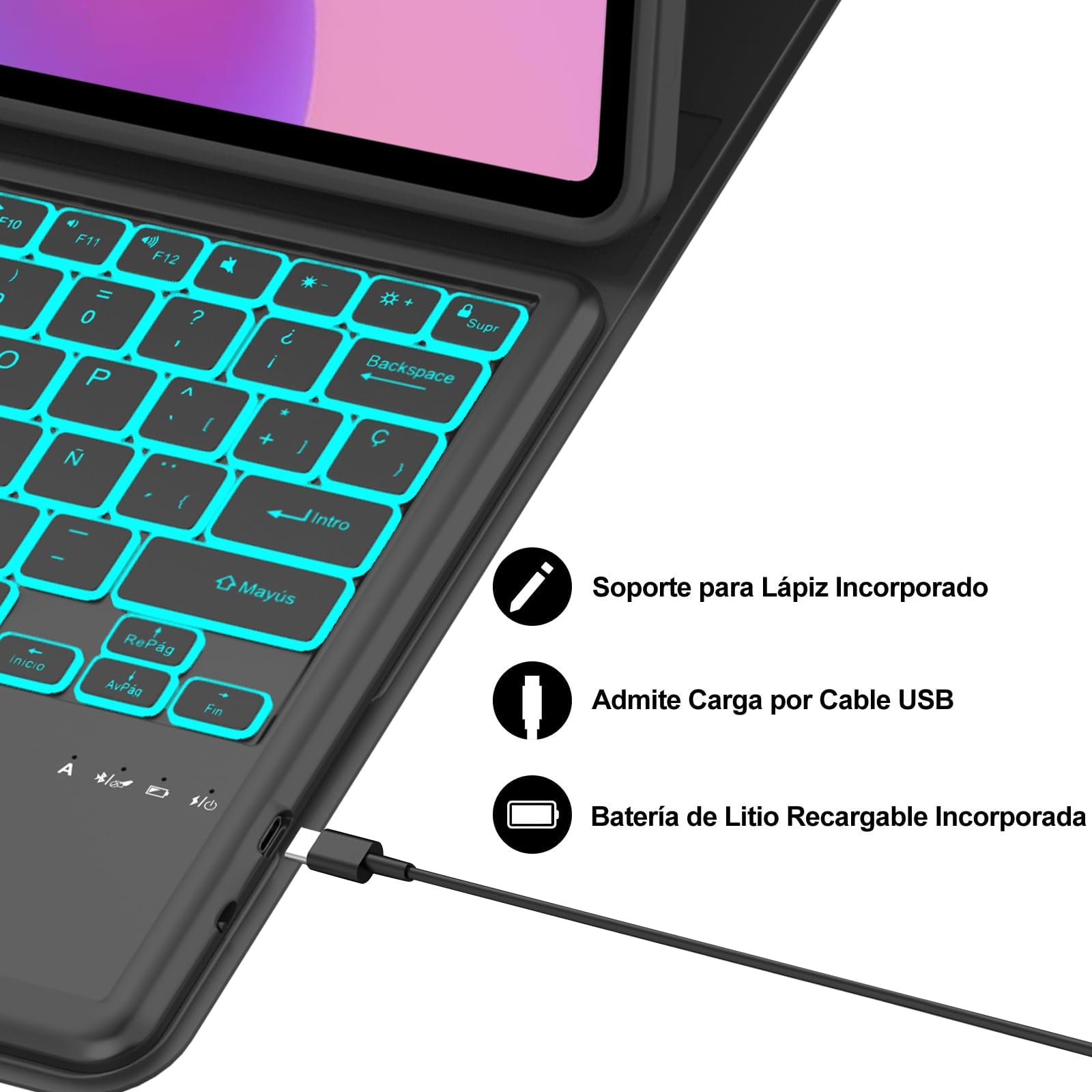 Funda Teclado con Trackpad para Lenovo Idea Tab Pro 12.7 Pulgadas, Español Ñ Teclado Bluetooth Desmontable con Retroiluminación de 7 Colores y Trackpad para Lenovo Idea Tab Pro 2025 12.7", Negro