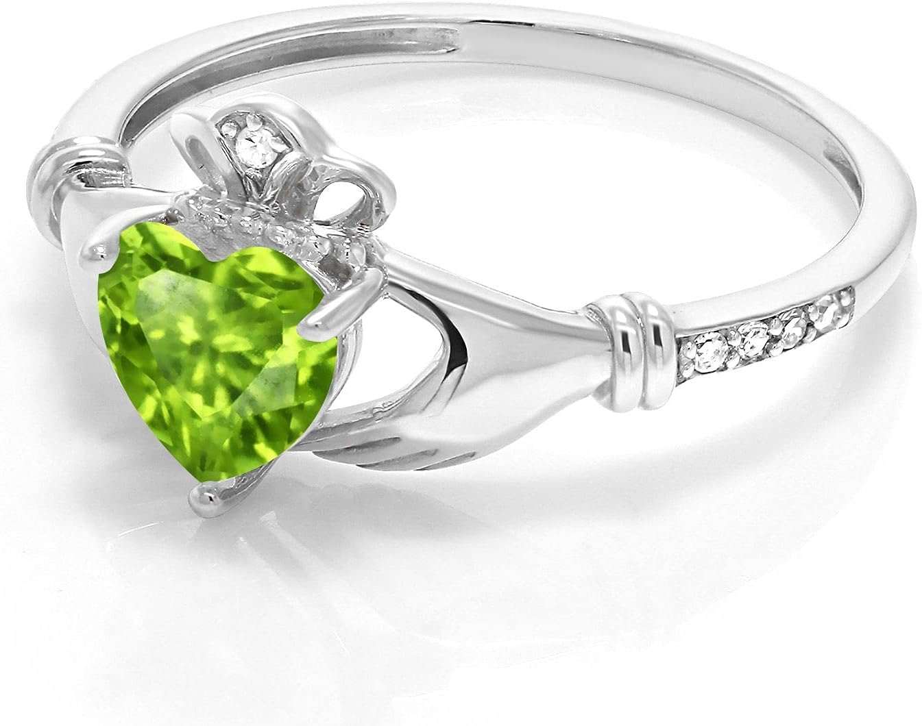 Gem Stone King 6MM Heart Shape Gemstone Birthstone and White Diamond Irish Celtic Claddagh Engagement Ring | 10K White Gold | Gold Ring For Women | Size 5-9 | Green Peridot | Size 5