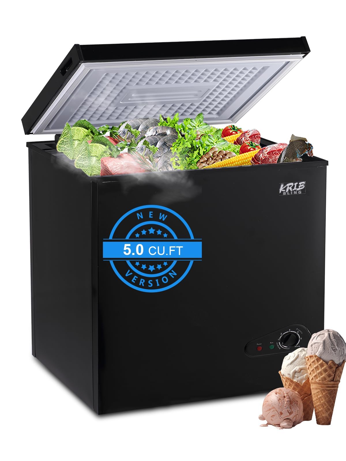 Congelador horizontal KRIB BLING de 5.0 pies cúbicos, minicongelador compacto con 7 termostatos ajustables, puerta superior, bajo nivel de ruido y cesta extraíble, color negro