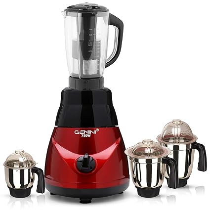 Gemini MRFTA21 750-Watt Mixer Juicer Grinder with 4 Jars (1 Juicer Jar, 1 Wet Jar, 1 Dry Jar and 1 Chutney Jar) - Black Red.Make in India(ISI Certified)