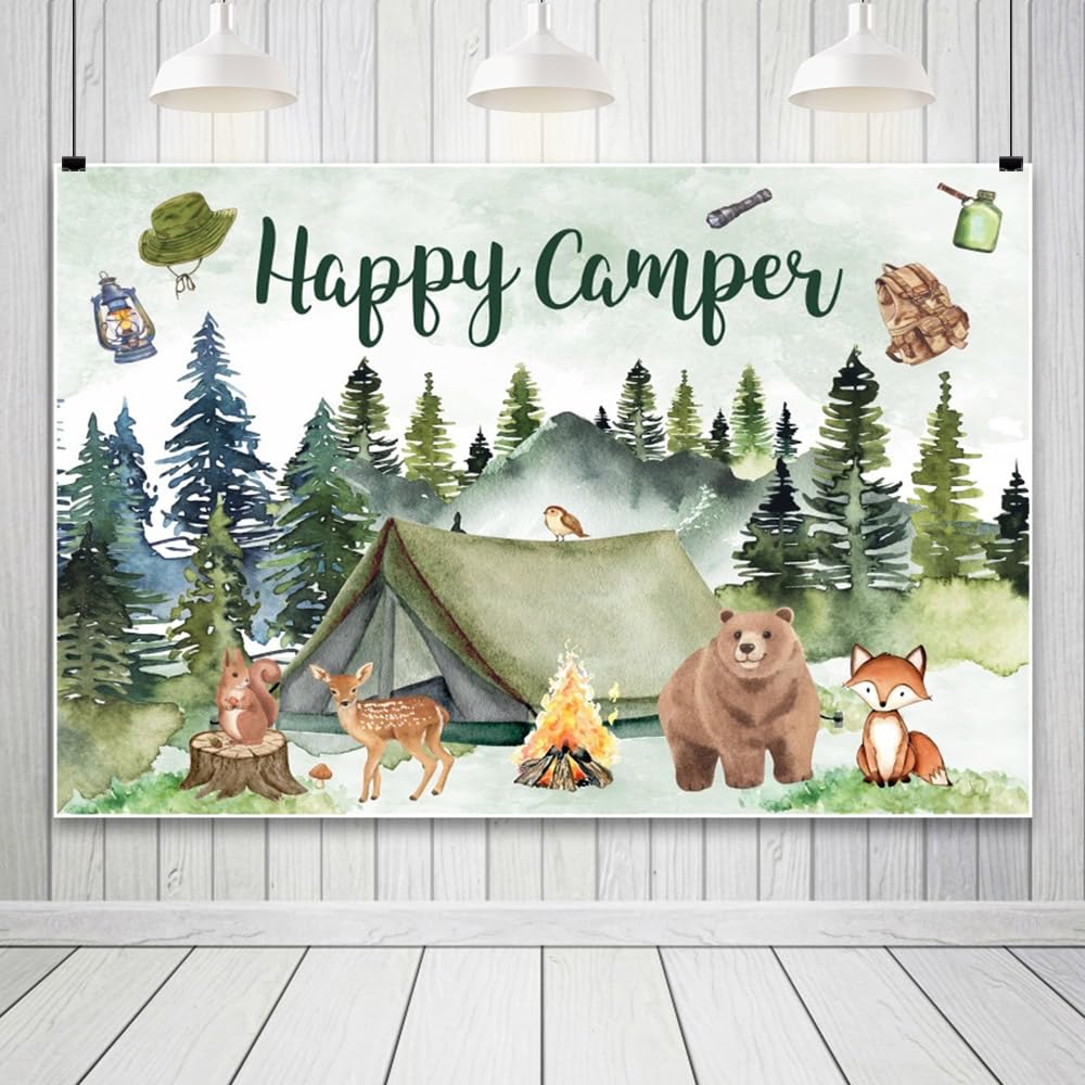 7x5ft Camping Backdrop Happy Camper for Kids Teenagers Campfire Adventure Animal Background Forest Scenery Photography Decoration Baby Shower Portrait