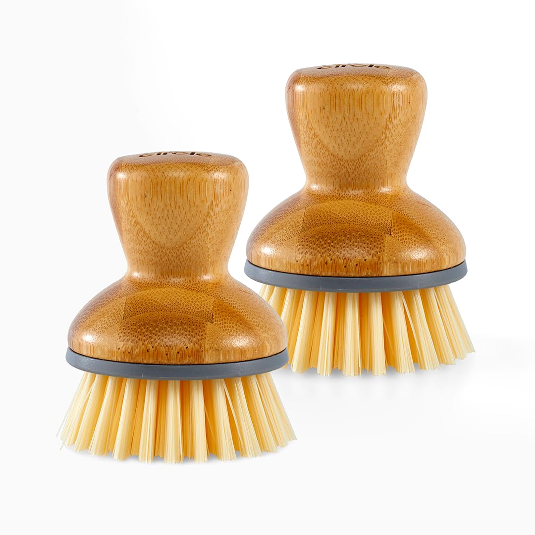 Full Circle Bubble Up Bamboo Dish Brush–Family Safe, Formaldehyde-Free–Ergonomic Palm Scrubber with Handle for Kitchen Cleaning,Dish Scrub Brush for Nonstick,Cast Iron & Sink,Gray,2 Pk