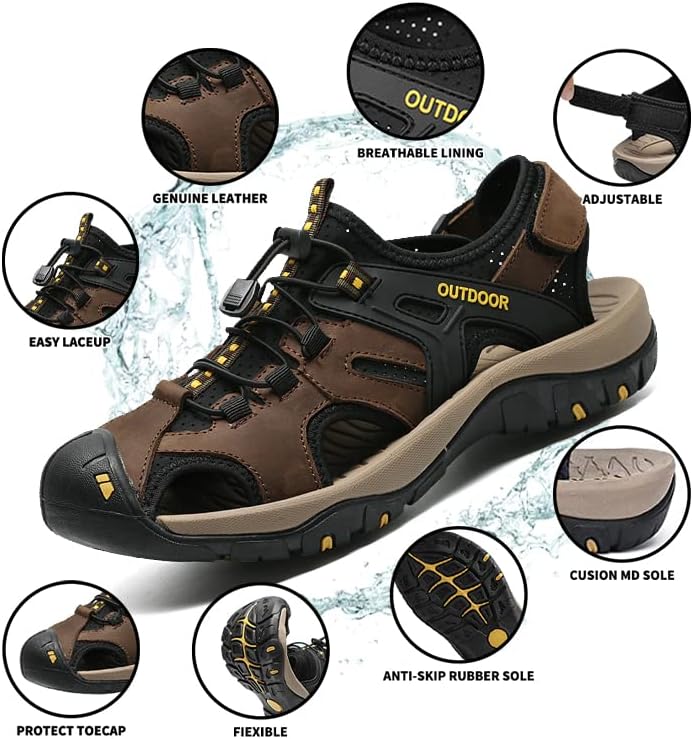 Miniatura 4 de MGGM collection Sandalias deportivas para hombre, para senderismo, puntera cerrada, de cuero, para pescar, playa, barco.