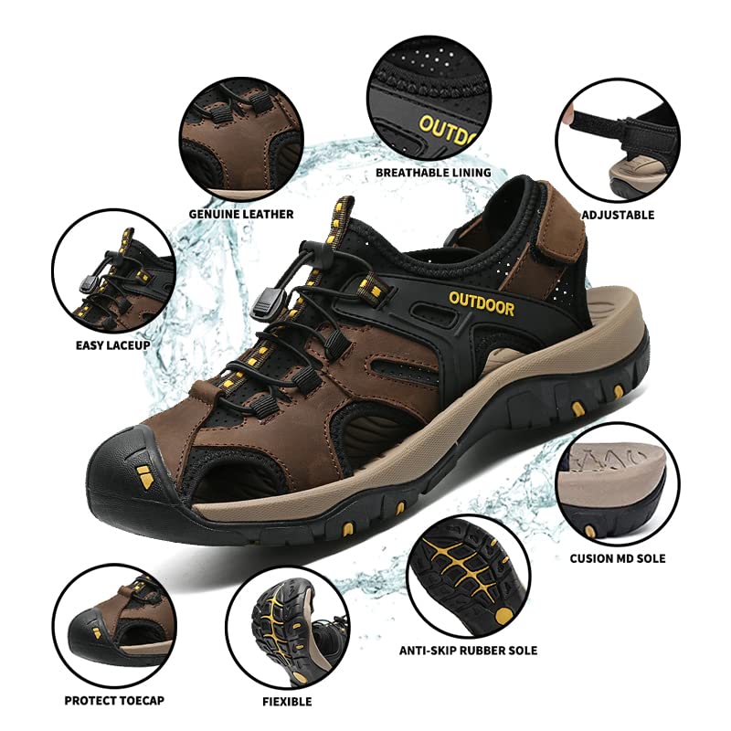 MGGMOKAY Men's Outdoor Sandals Sports Hiking Closed Toe Leather Athletic Sandals for Water Beach Boat Fishing.4