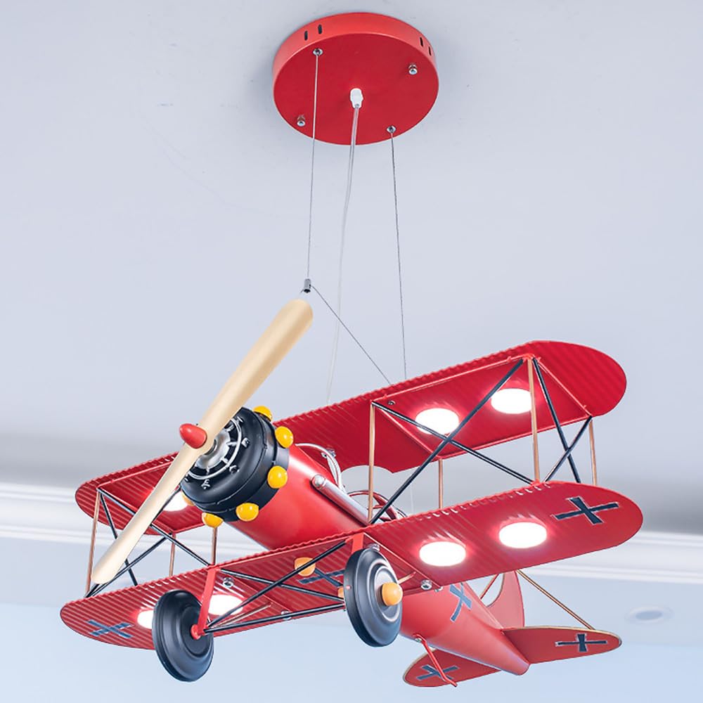 Abinlina Boys Red Vintage Airplane Dimmable Led Ceiling Pendant Light For Kids' Bedroom - Industrial Helicopter Design(Red)