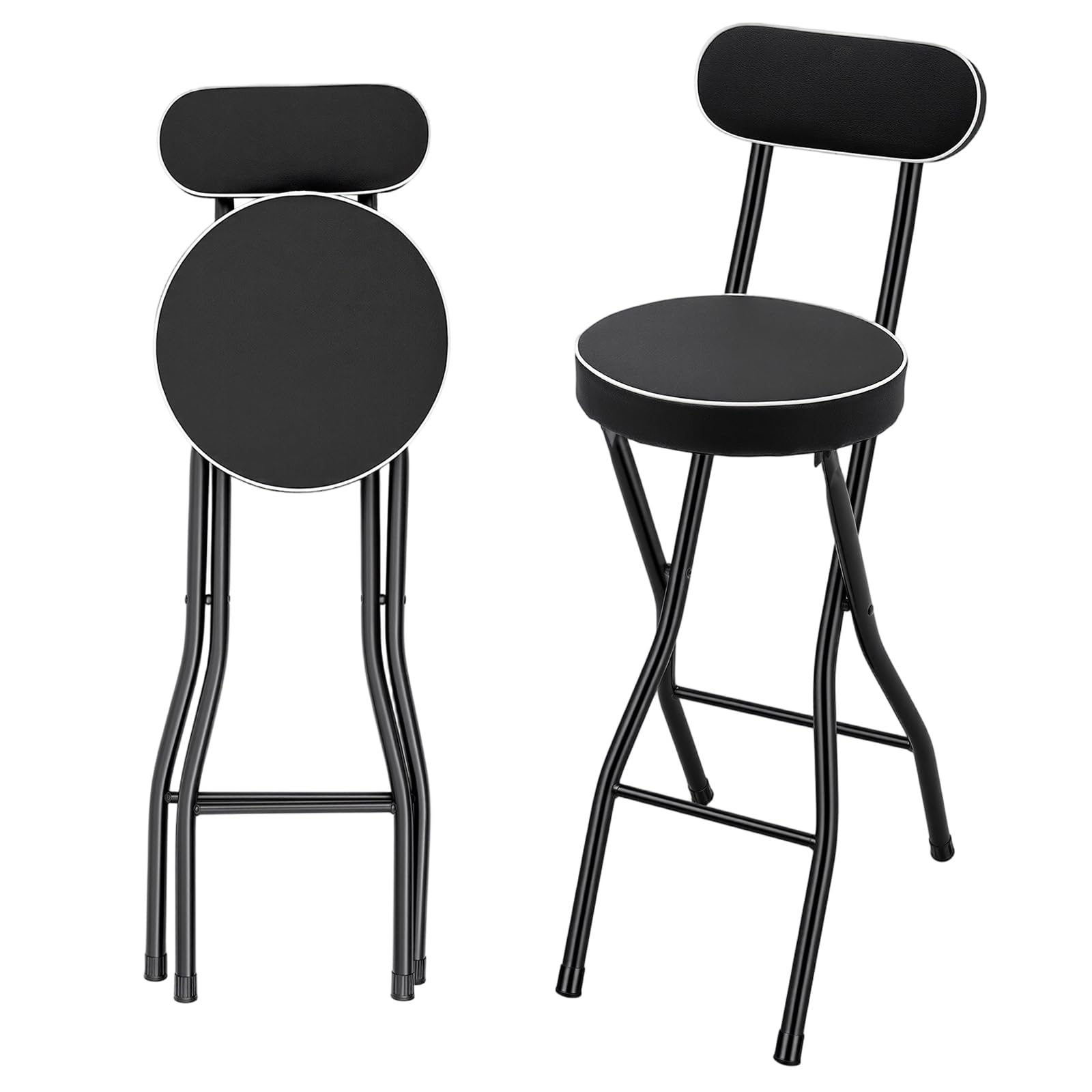 Lot de 2 tabourets de bar pliables - Hauteur d'assise : 65 cm - Tabouret rond et rembourré jusqu'à 125 kg - Noir