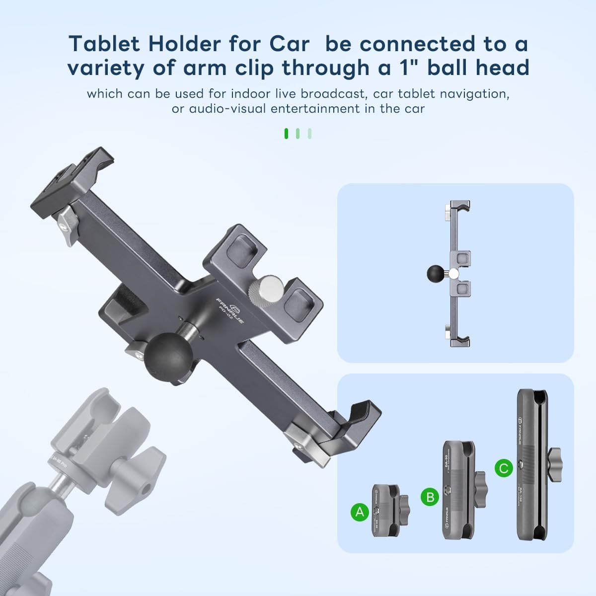 FANAUE Metallhalter für iPad-Stativmontageadapter Mit 1-Zoll-Kugeladapter Um 360° drehbarer iPad-Ständer passt auf Ihre Windschutzscheibe,Armaturenbrett oder Schreibtisch, für Allen 8-12,9" Tablets