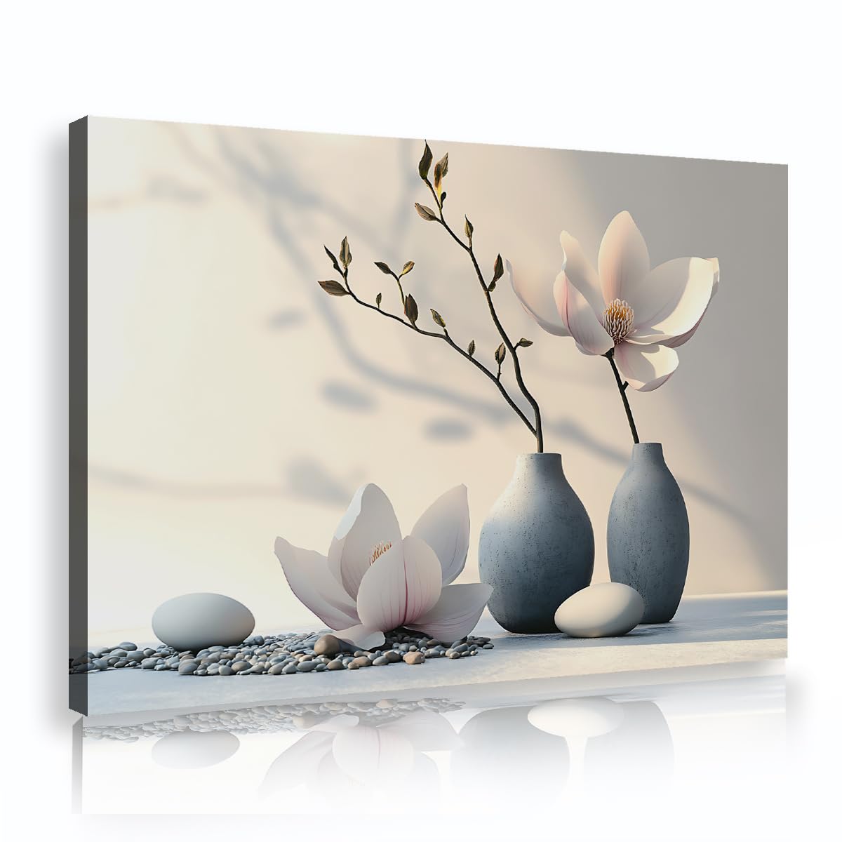 Via Vela Fbh02 Japanese Spa Canvas Wall Art Gentle Magnolia Blossom Painting Ceramic Vase Small Stone Water Picture Soft Lotus Flower Poster For Restroom Meditation Room Decor 50X75cm