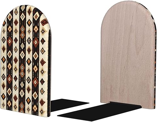 Miniatura 1 de Book Ends for Shelves 1 Pair - Retro Pattern A Print Wood with Metal Base Bookends for Heavy Books, Book Stand Organizer Holder for Books Movies Cds