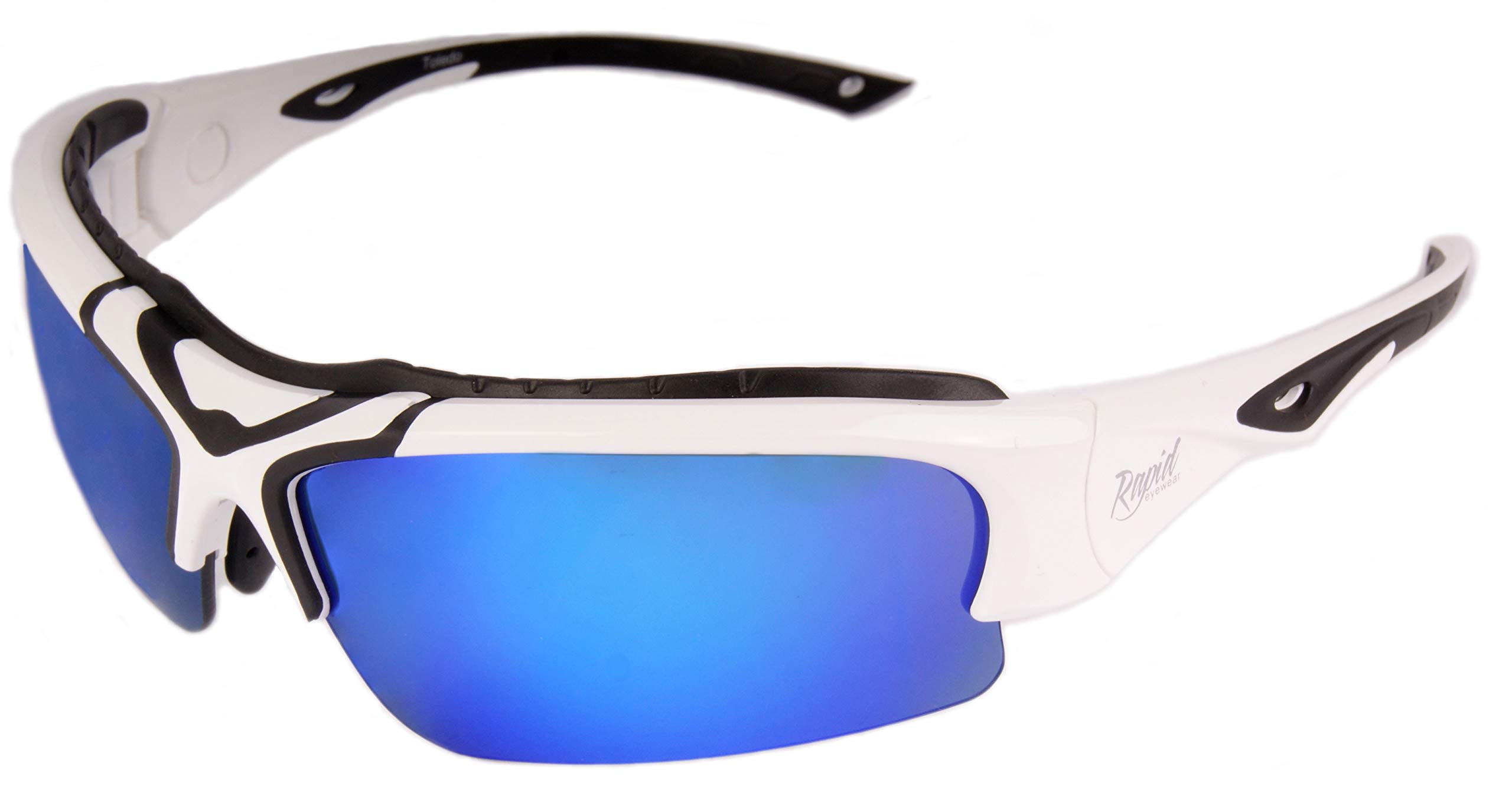 Szybkie okulary Toledo białe regulowane sportowe okulary przeciwsłoneczne z wymiennymi niebieskimi lustrzanymi i spolaryzowanymi soczewkami dla mężczyzn i kobiet. Przeciwblaskowe okulary do krykieta, biegania, jazdy na nartach, jazdy na rowerze, jazdy itp