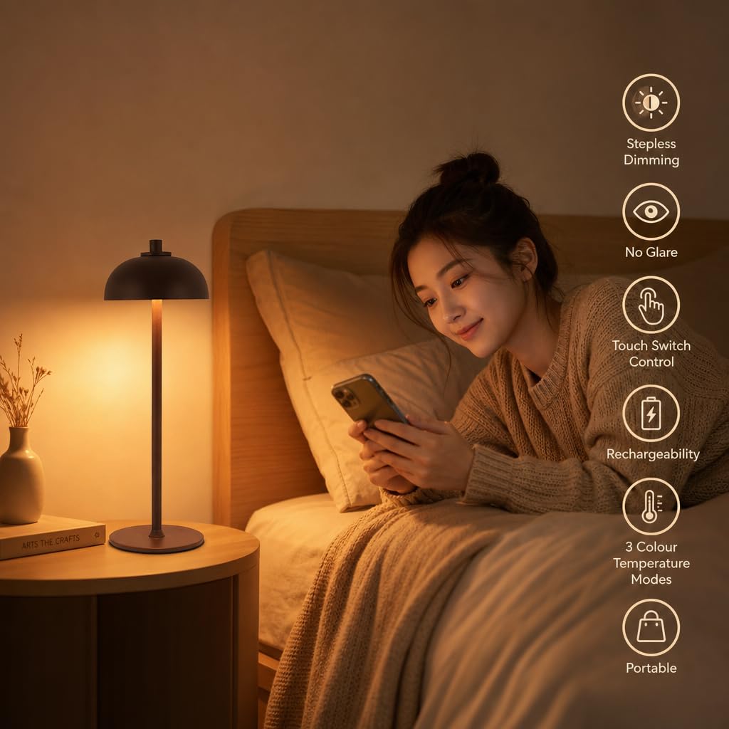 Pilz LED Tischlampe Kabellose Tischleuchte Akku Wiederaufladbare LED Dimmbar Touch Nachttischlampe Ohne Kabel Batterie Nachtlampe Pilz Lmape für Wohnzimmer Schlafzimmer (Kaffeefarbe)