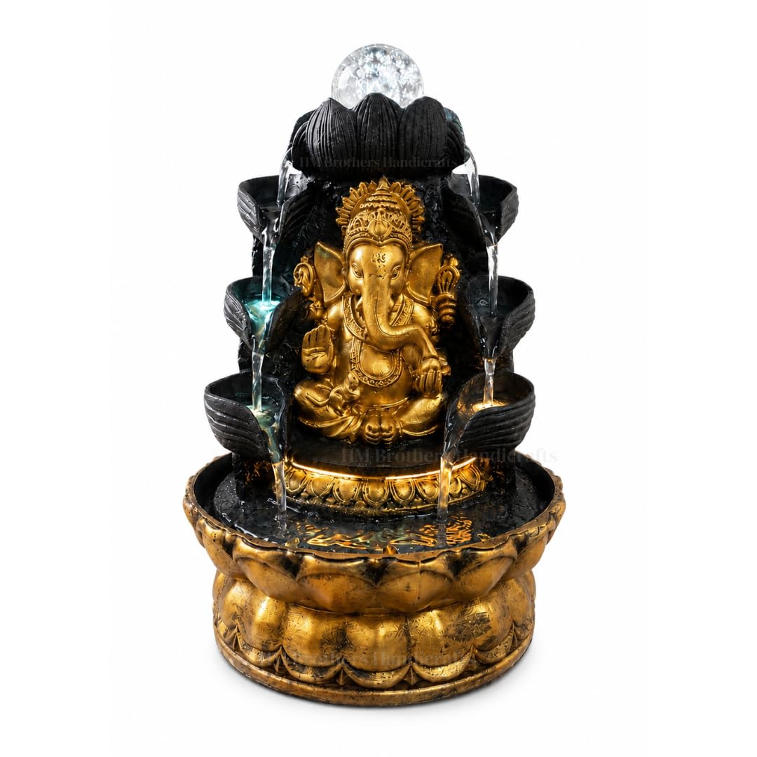 Lord Ganesha Water Fountain Tabletop Showpiece with Inbuilt LED and Crystal Ball Waterfall for Home Decor, Living Room, Office, Temple and Gift Items - 11 Inches