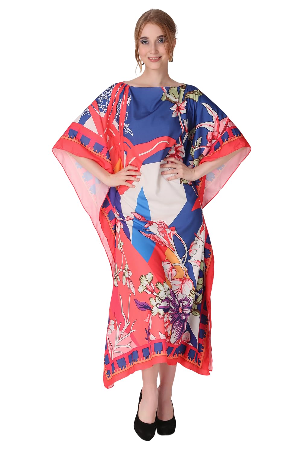 Abstract Modernist Printed Crepe Maxi Length Kaftan Dress for Women Multicolor Freesize-image-44