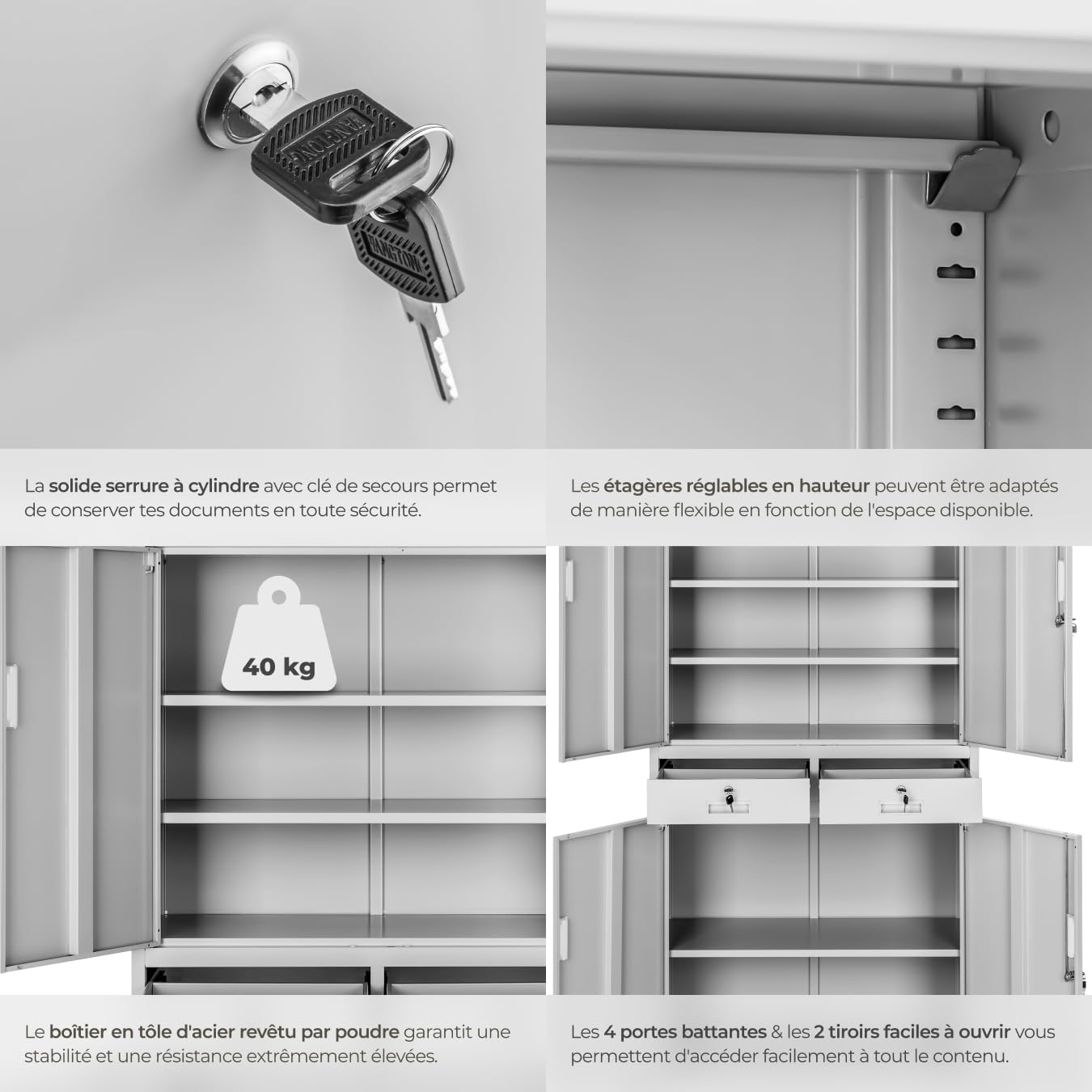 tectake Armoire de Rangement Metal Armoire de Bureau avec Serrure 4 Portes battantes et 2 tiroirs verrouillables pour Rangement Dossier, 80 x 40 x 180 cm - Gris Clair