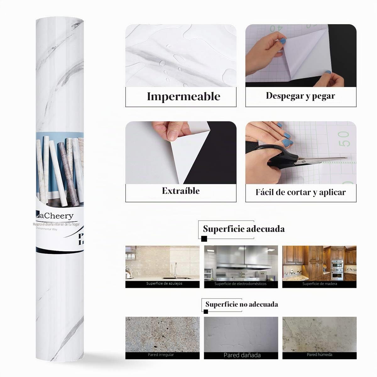 LaCheery 90cm x 400cm Papel Adhesivo para Muebles Efecto Marmol Vinilo Autoadhesivo Blanco Brillo Impermeable Papel Encimera Cocina Autoadhesivo Vinilo Adhesivo Muebles Gris Mármol para Armario Puerta