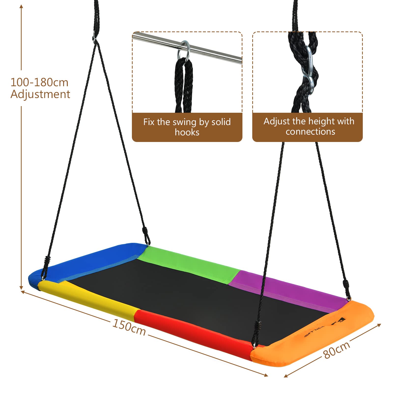 KOMFOTTEU Columpio Nido con Altura Ajustable 100-180 cm, Columpio Infantil con Carga de 150 kg, Asiento Suspendido para Interior y Exterior, Columpio Colgante Rectangular 150 x 80 cm (Colorido)