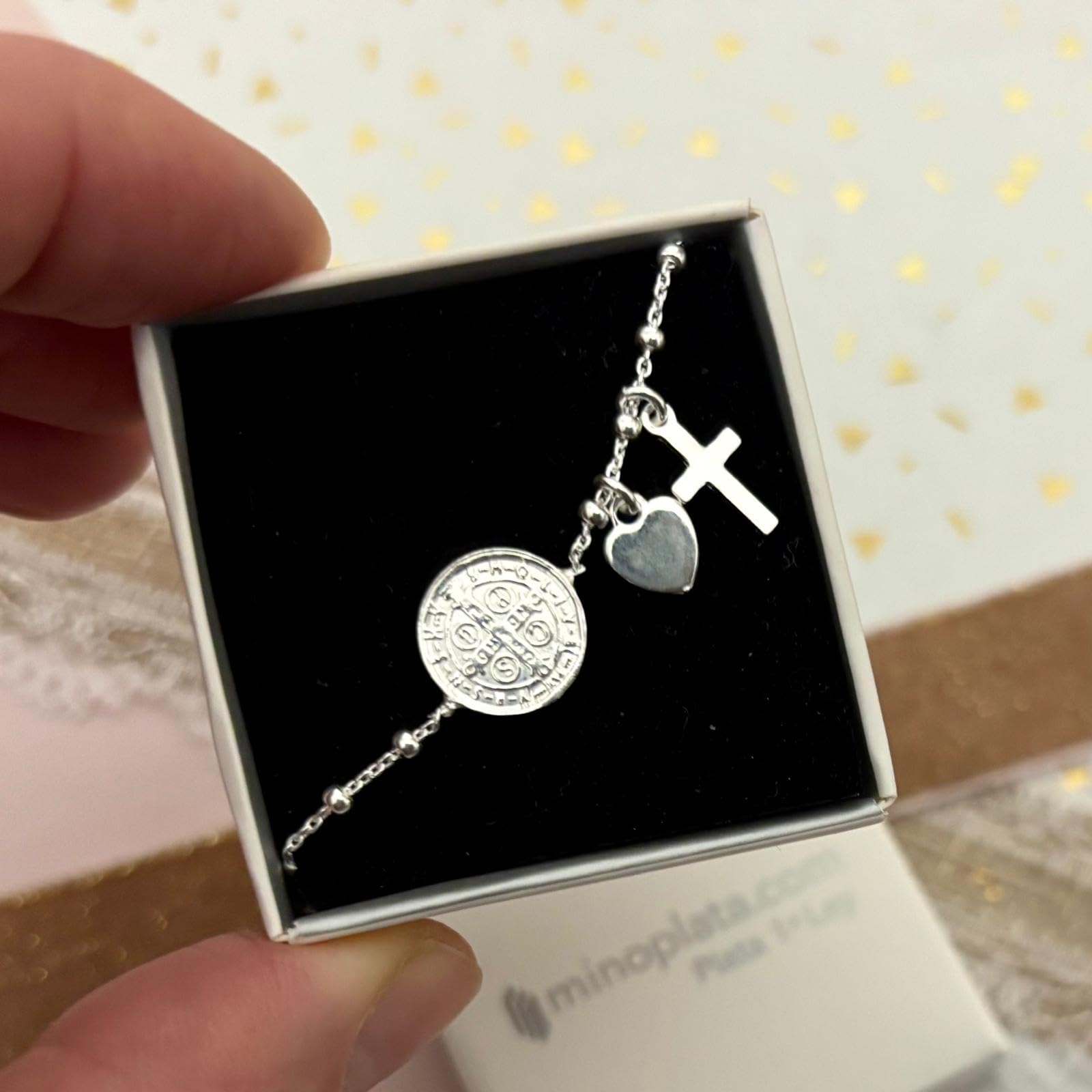 Pulsera Religiosa de Plata 925, Medalla Virgen Milagrosa con Cruz San Benito y Corazón, 16.5cm + 2.5cm Extensible, Bolitas de 2mm, Estilo Espiritual