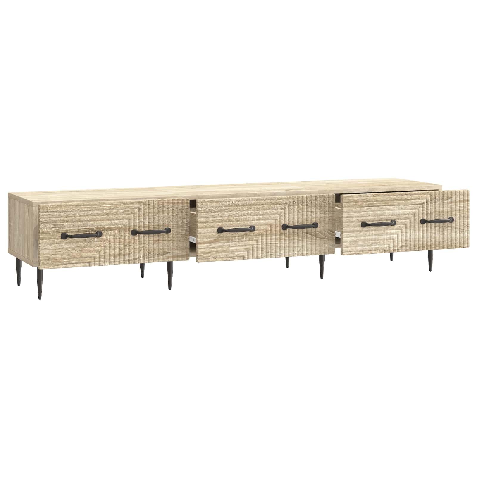 SYDE Mobile TV con cassetto, rovere Sonoma, 147 x 34,5 x 30 cm | Legno resistente, stile vintage, gambe coniche, maniglie nere, superficie per TV da 60 pollici