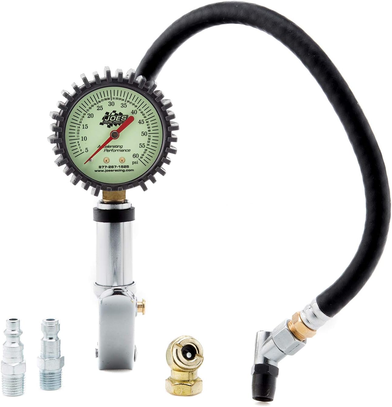 Joes Racing Products 32484 Tire Inflator and Gauge, Quick Fill, 0-60 psi, Analog, Glow in The Dark, 2-1/2 in Diameter, White Face, Fittings Included, Each