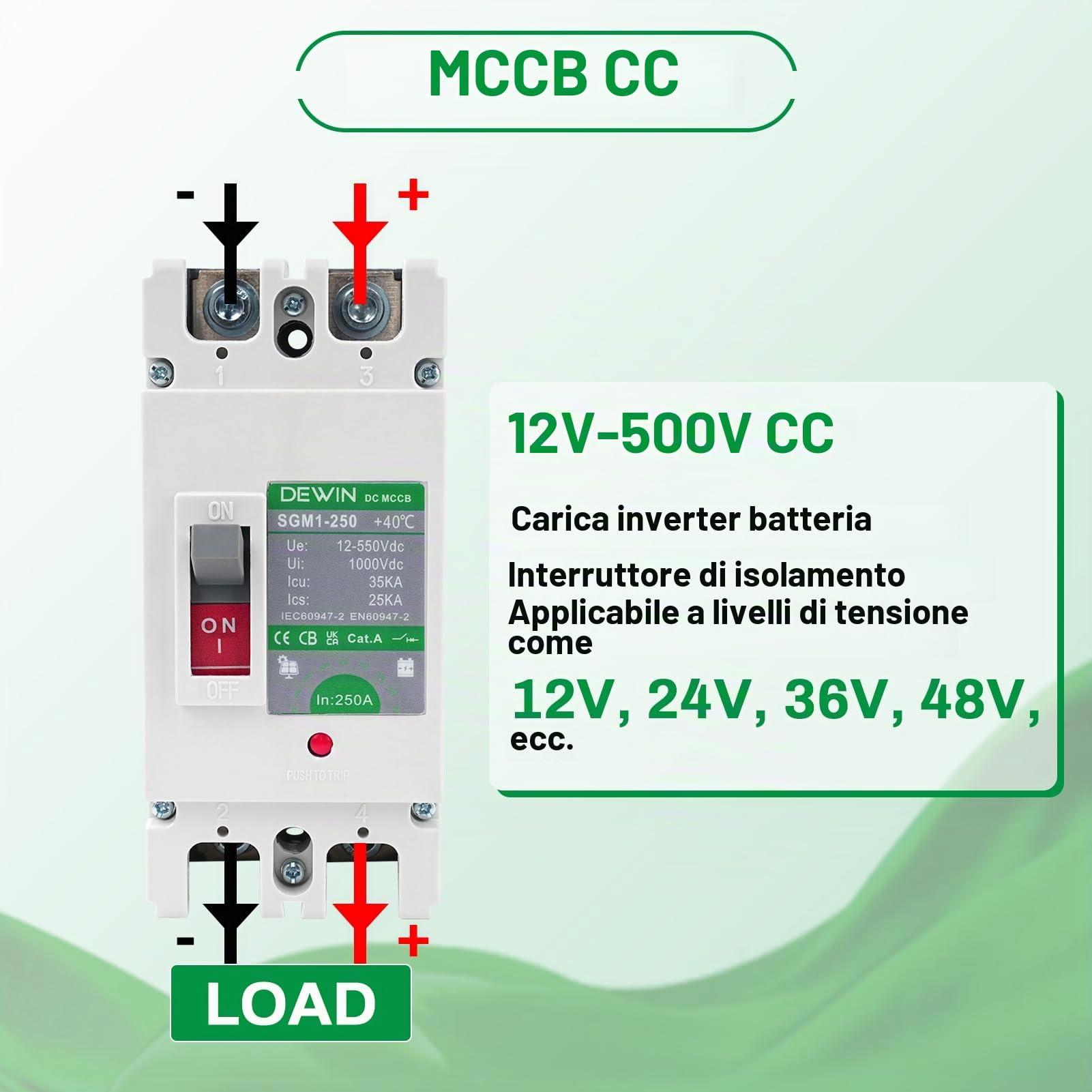 Interruttore Automatico Scatolato CC MCCB, 2P DC500V 250A Interruttore Automatico Fotovoltaico Interruttore Principale del Batteria Solare Sezionatore di Protezione per Sistema Solare Fotovoltaico