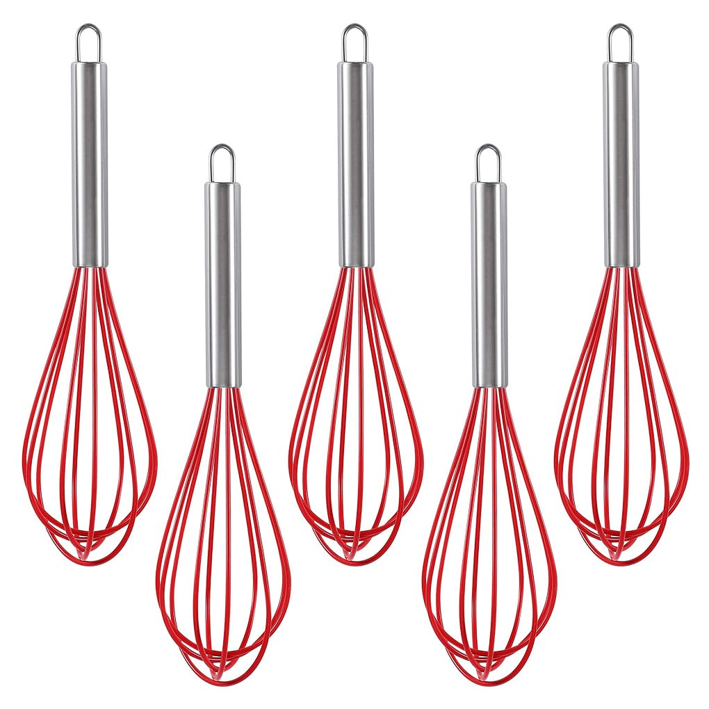 Ousyaah 5-Piece Silicone Whisk Stainless Steel Handle, 10-Inch Kitchen Egg Beater Milk Frothers for Cooking, Classic Mixer Balloon Wire Whisk for Blending, Whisking, Beating and Stirring (Red)
