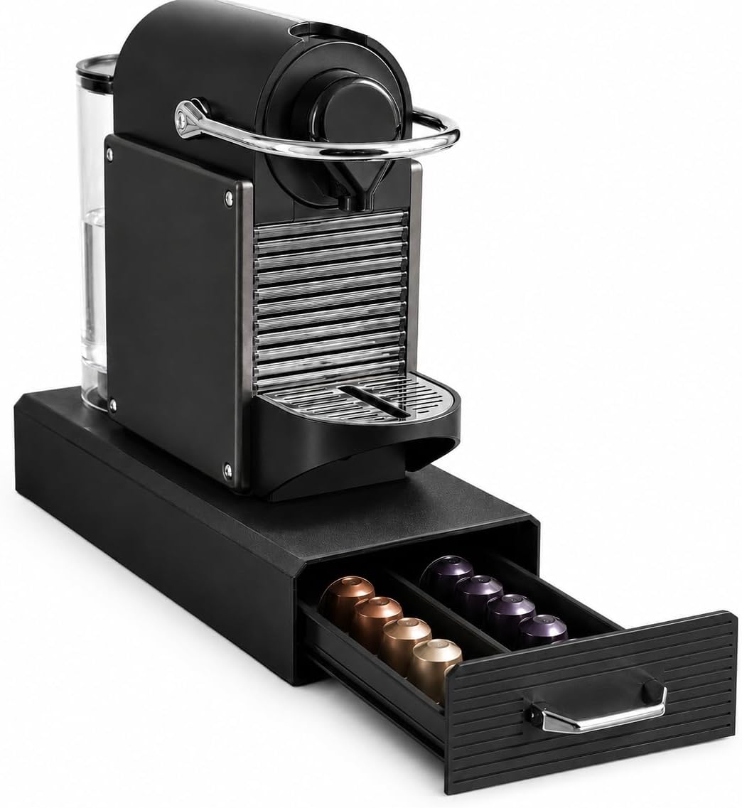 YUELAKE Coffee Pod Drawer Organizer for Machines,High-Capacity Storage for Capsules,12 K-Cup or 16 Nespresso Capsule Organizer，Smooth Pull-Out Design