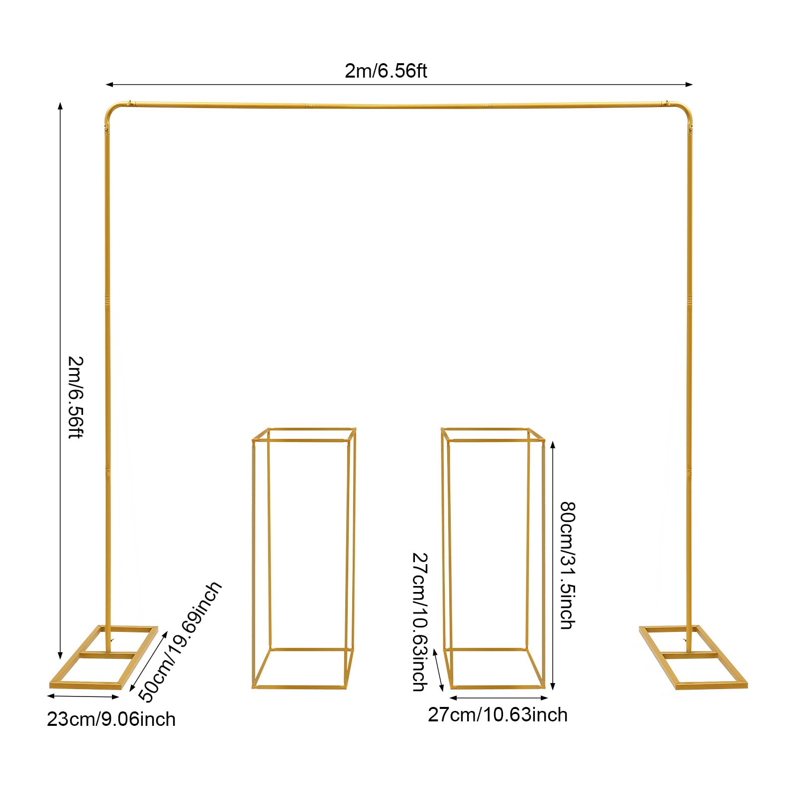 Arche de mariage en métal de 2 x 2 m - Avec 2 supports de fleurs de 80 cm de haut - Support pour ballons - Support de fond pour mariages, fêtes d'anniversaire, banquets - Doré